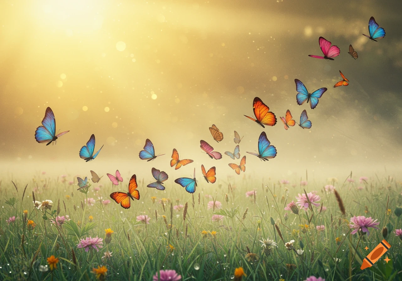 Colorful butterflies fly over a lush green field filled with wildflowers under a warm, golden sky with bokeh lights.
