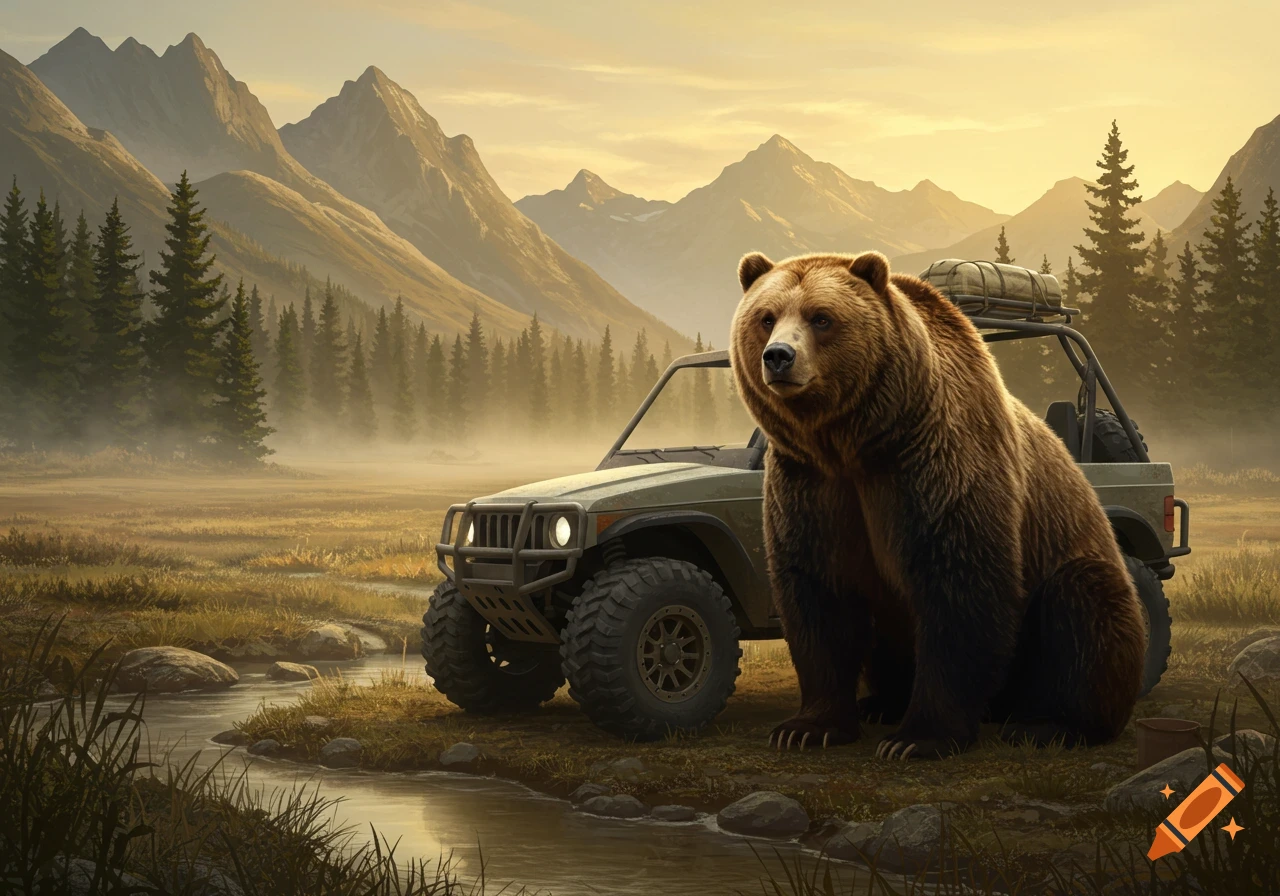 A large grizzly bear sits beside an olive-green off-road vehicle in a misty mountain landscape with a stream.
