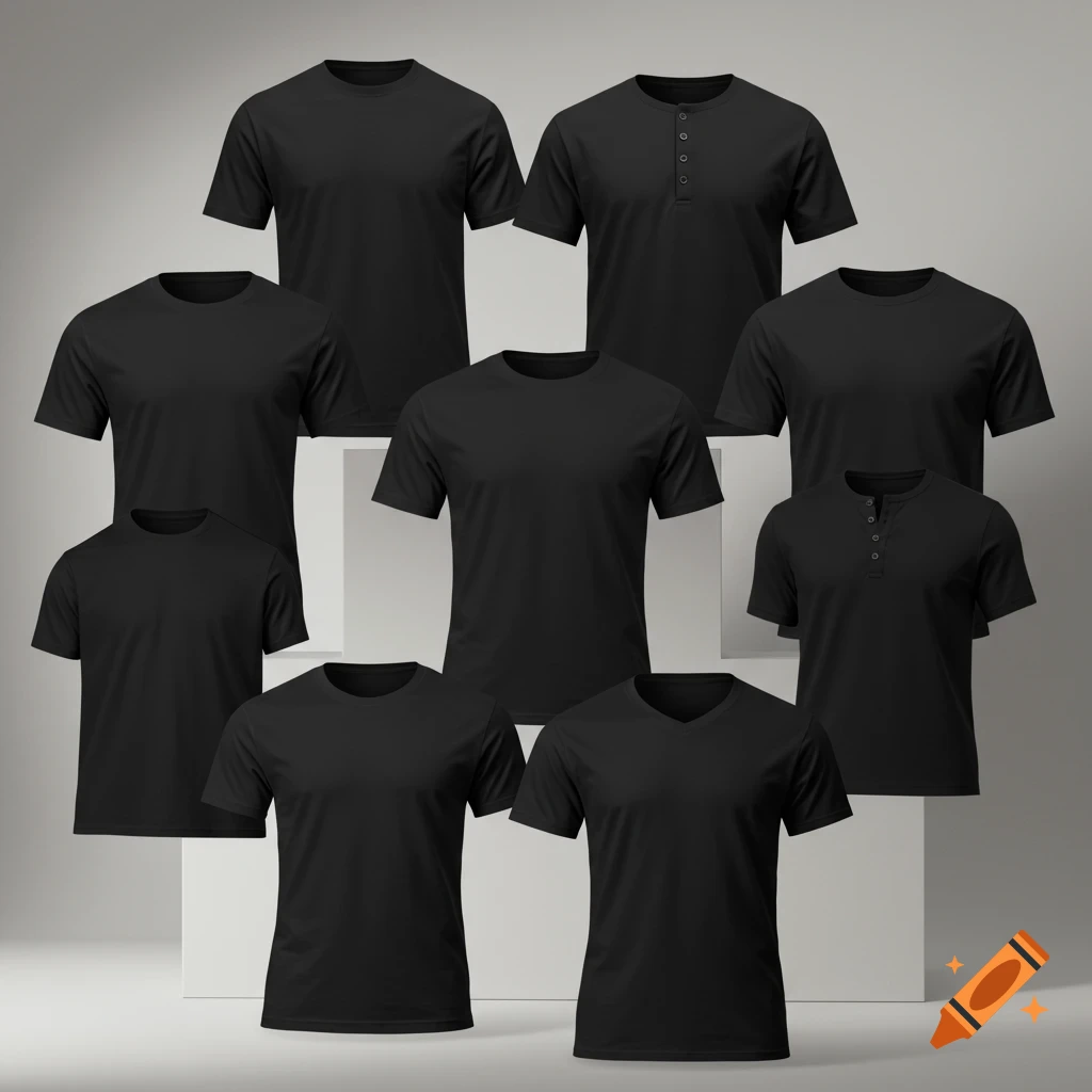 A collection of plain black men's t-shirts including crew neck, V-neck, and Henley styles, arranged on a gray and white background.