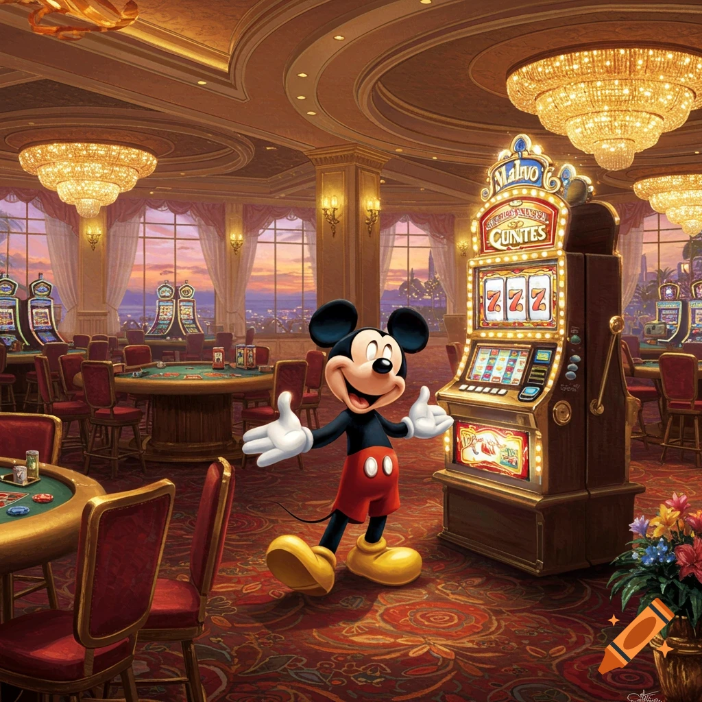 Mickey Mouse posing with open hands in a luxurious casino with slot machines and poker tables, in a detailed painting style.