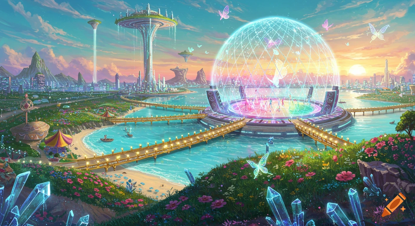 A vibrant, futuristic utopian city, Harmonia Royale, with golden bridges over turquoise water and a glowing glass nightclub dome at sunset.