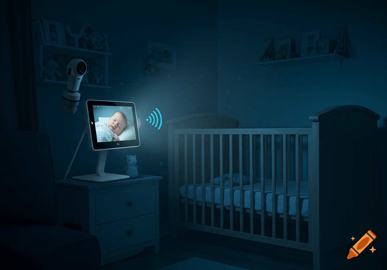 A baby monitor in a dimly lit nursery shows a sleeping baby on its screen, next to a crib.