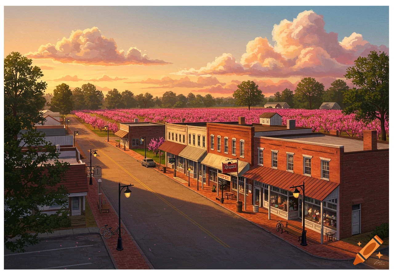 Stylized illustration of a small town street at sunset, with a field of pink blooming trees in the background.