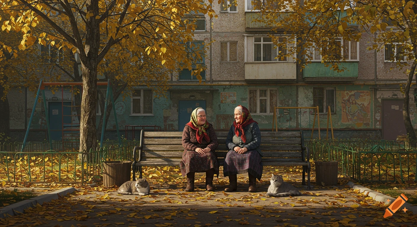 Two elderly women sit on a bench in an autumn urban courtyard, with two cats nearby and a Soviet-era apartment building in the background.