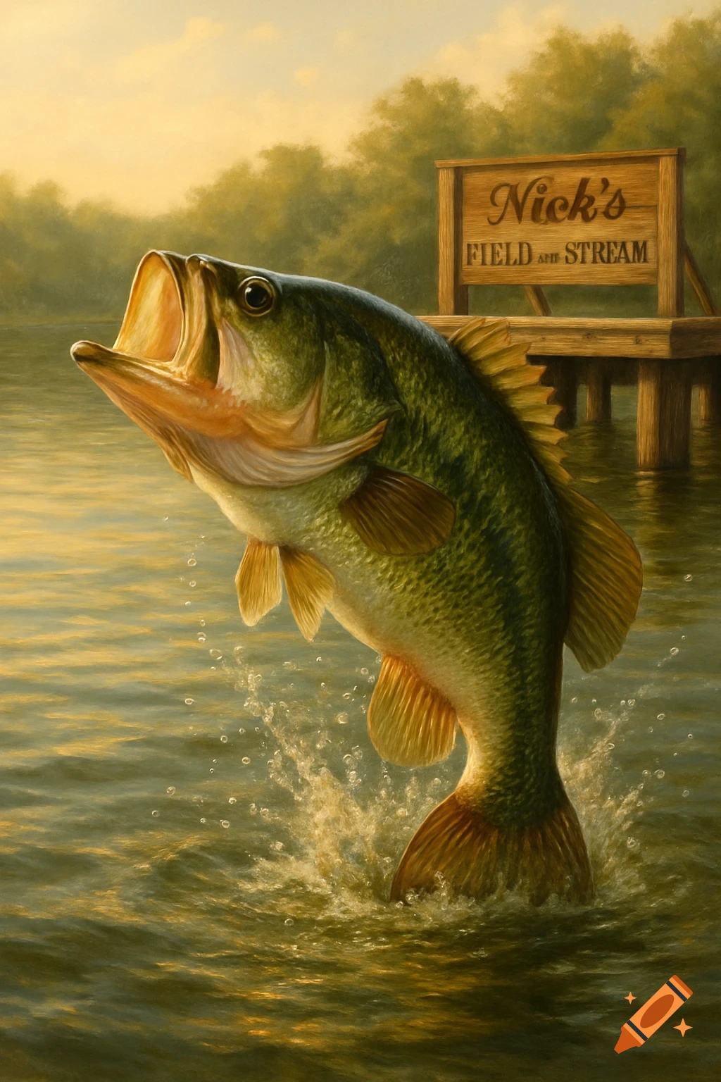 A large mouth bass jumps from green water, with a wooden sign reading "Nick's Field and Stream" in the background under a golden sky.