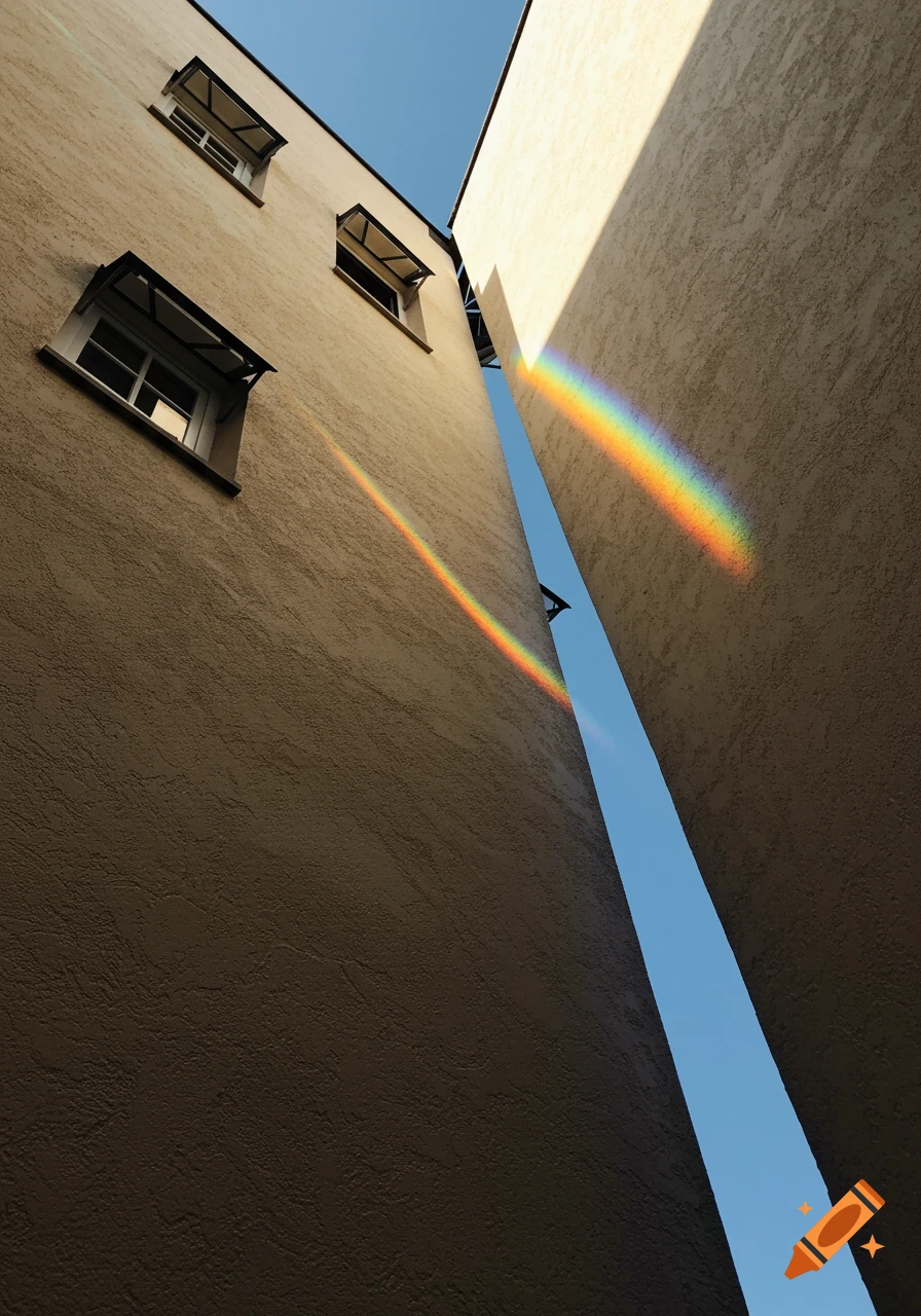A narrow alleyway between two beige buildings, viewed from a low angle with a Dutch tilt. A rainbow light beam refracts onto the textured walls.