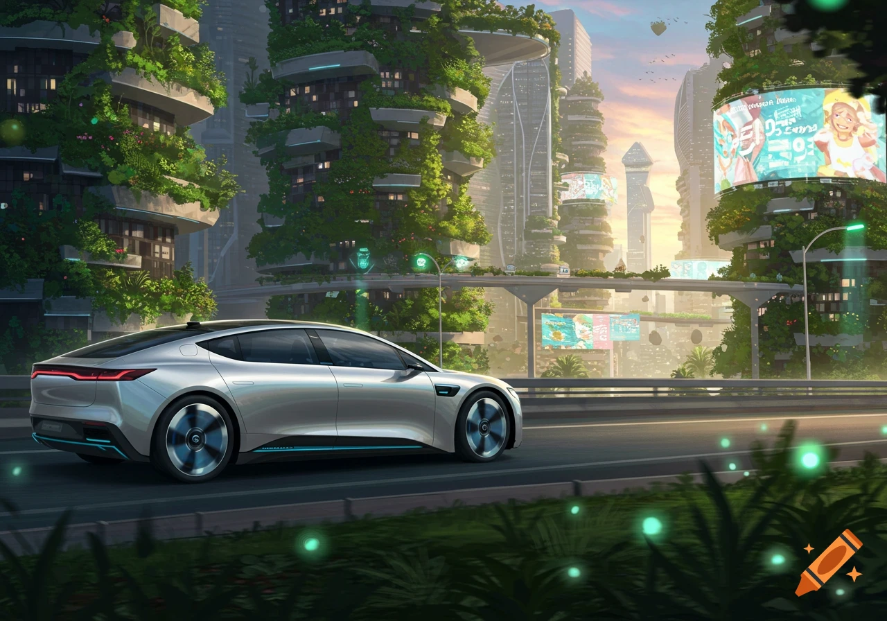 A sleek silver autonomous car drives on a road through a futuristic city with green, vine-covered skyscrapers and large glowing billboards under a colorful sky.