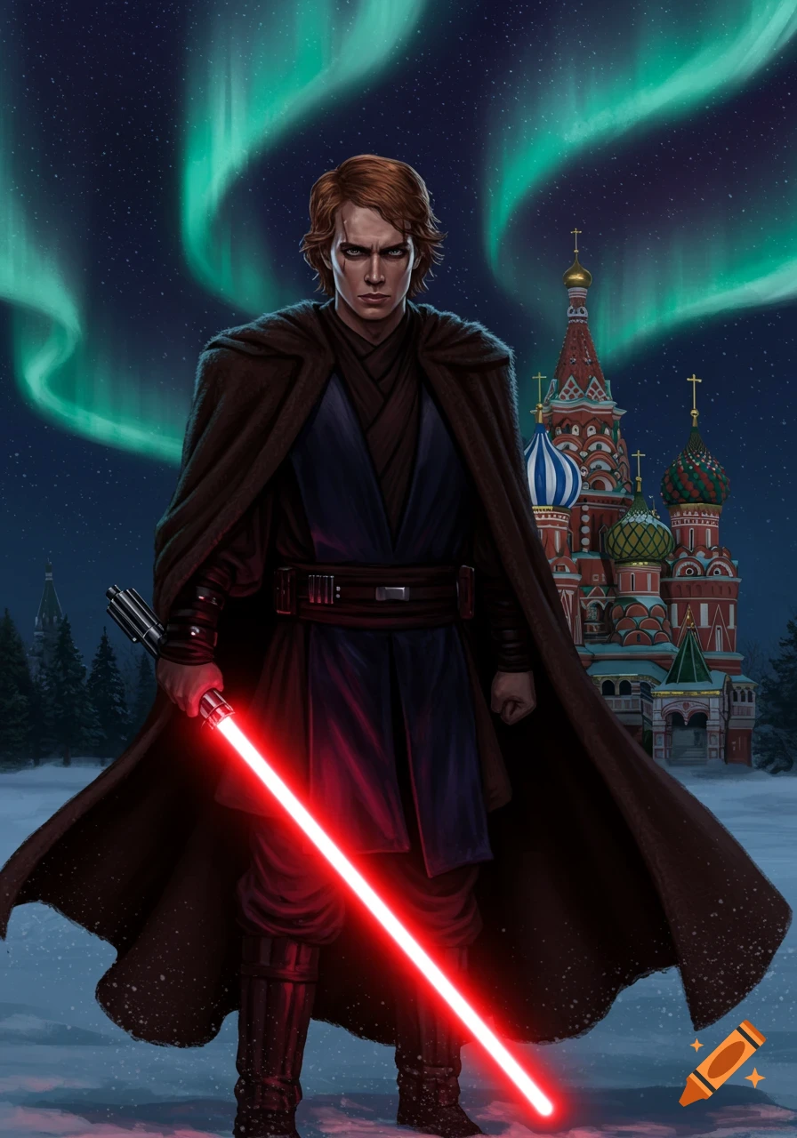 Anakin Skywalker with a red lightsaber stands in a snowy landscape with St. Basil's Cathedral under the aurora borealis.