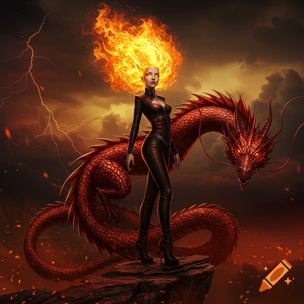Fiery-haired woman in black suit stands beside a red dragon on a rock, stormy sky with lightning. Digital art.
