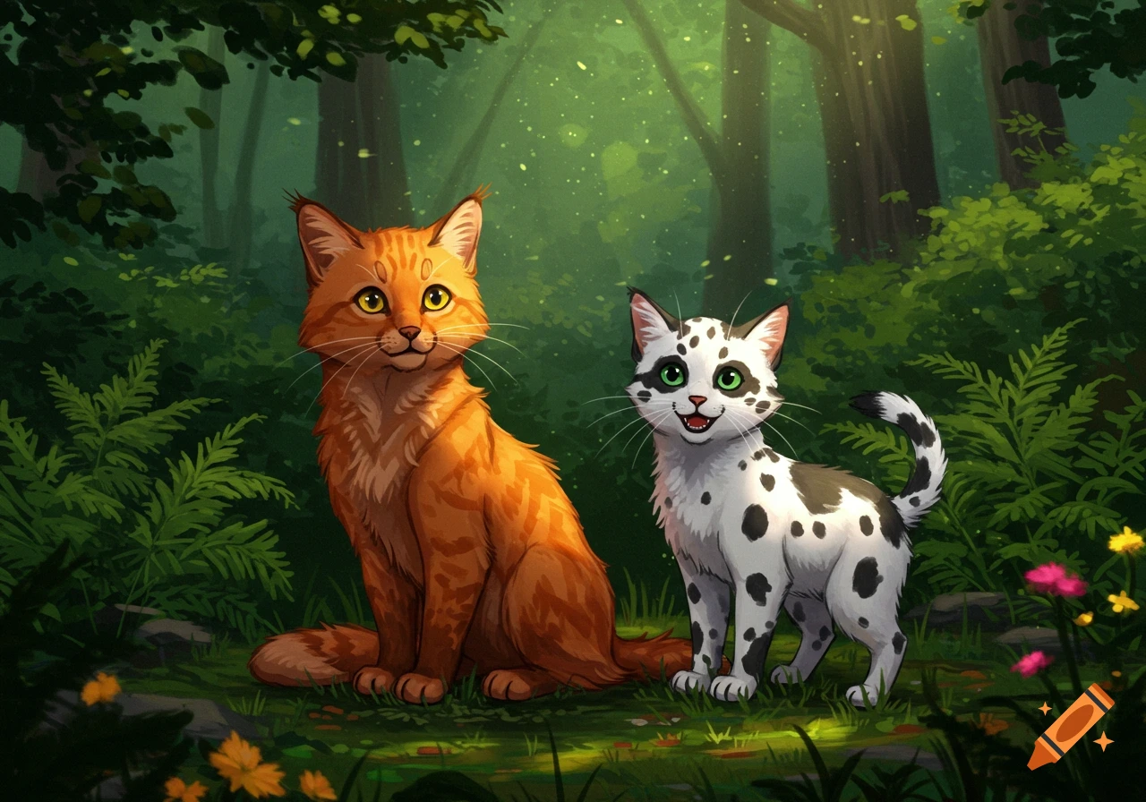 An orange tabby cat and a white spotted cat with green eyes sit in a sunny, lush green forest illustration.