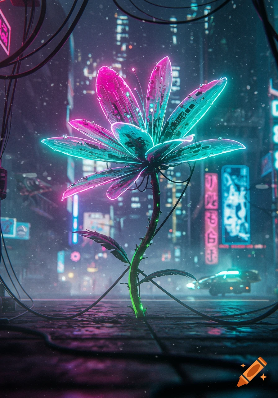 A glowing, neon-pink and teal cyberpunk flower stands on a rain-slicked street in a futuristic city at night.