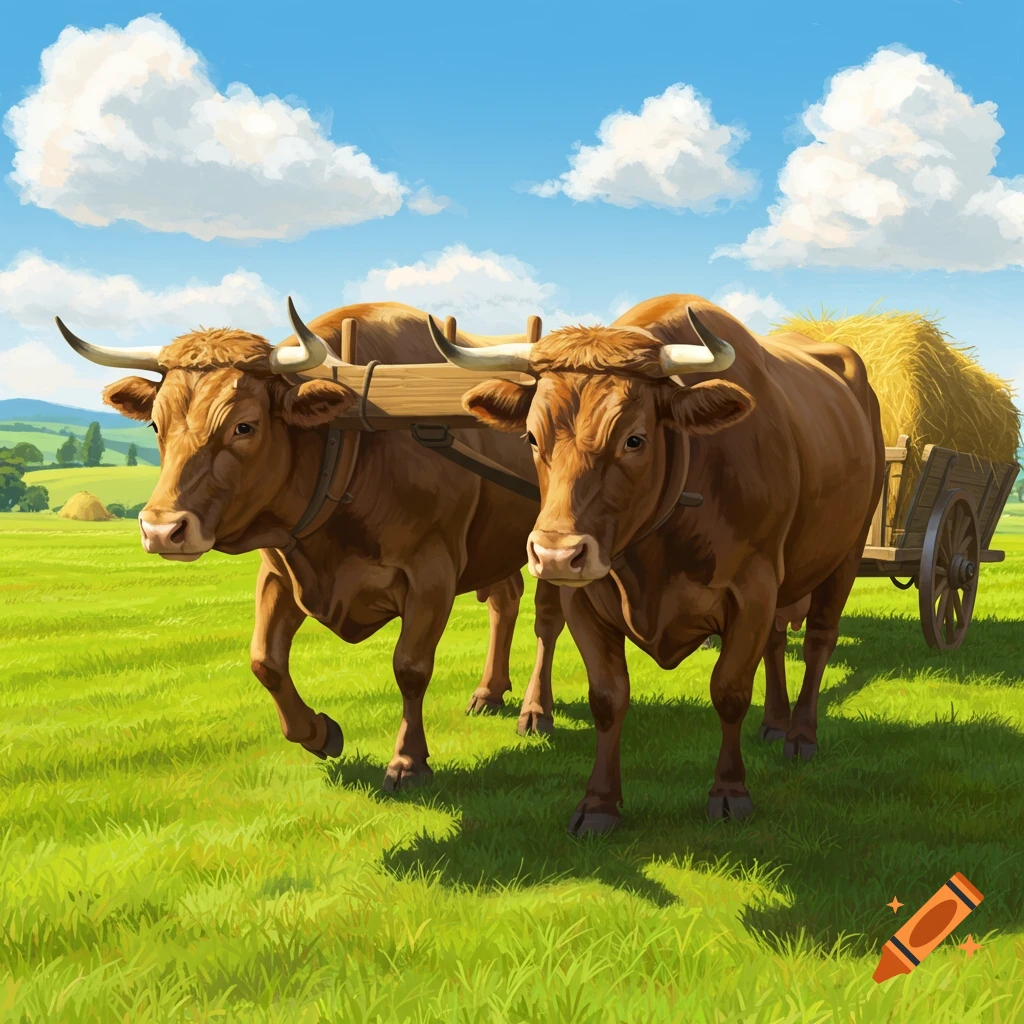 Two brown oxen pull a wooden cart full of hay across a vibrant green field under a blue sky with white clouds.