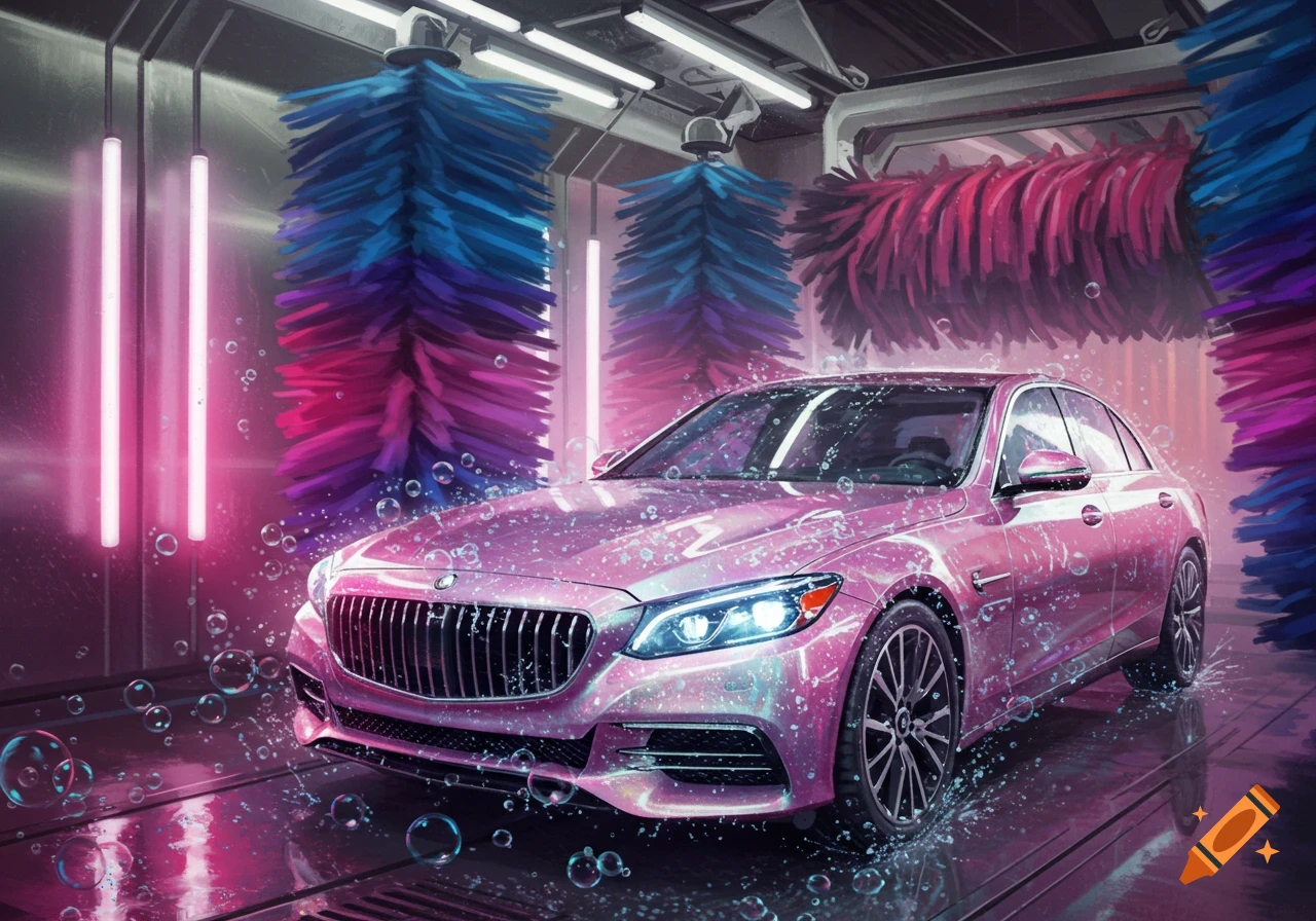 A vibrant pink car is being washed inside a futuristic carwash with neon lights, soap bubbles, and colorful spinning brushes.