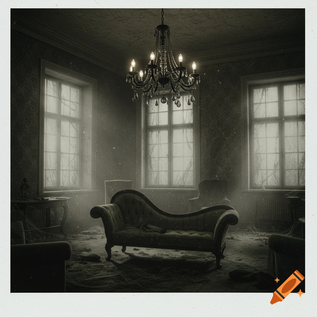 A vintage style black and white photo of a dusty, decaying haunted mansion room with a chandelier, chaise lounge, and tall windows.