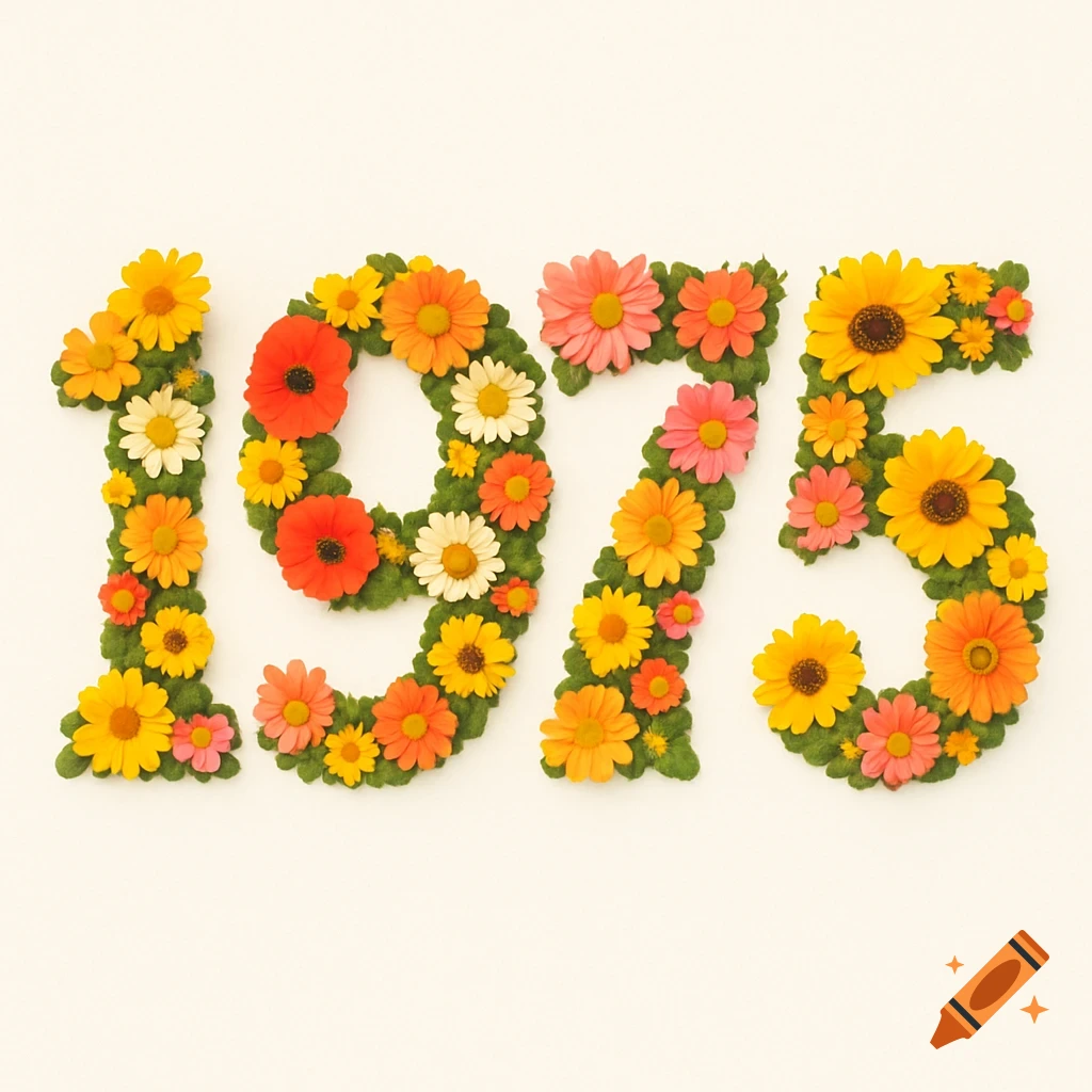 The year 1975 spelled out with colorful daisy-like flowers and green leaves on a white background in a vintage style.