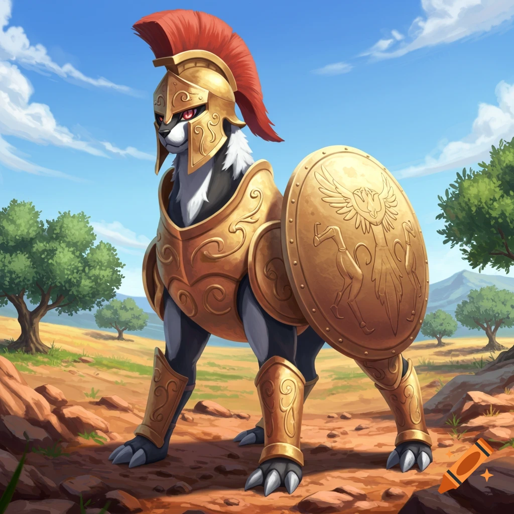 A stylized creature resembling a Pokémon stands in golden Spartan armor with a red plume and shield in a rocky landscape under a blue sky.
