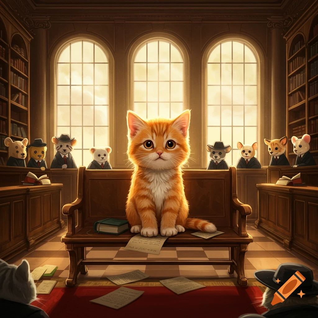 A cute orange kitten sits on a bench in a grand courtroom, observed by anthropomorphic animal figures.