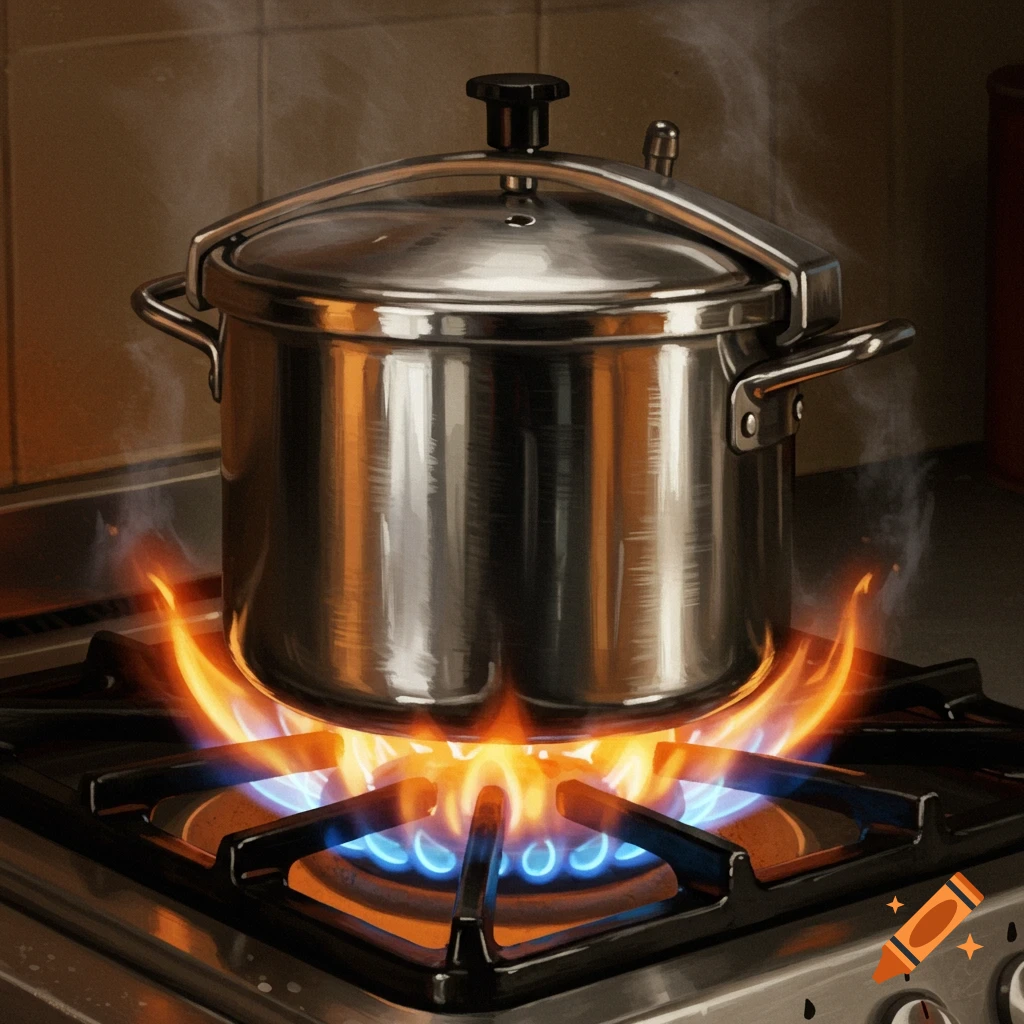 A shiny metal pressure cooker heating on a gas stove with blue and orange flames in a kitchen.