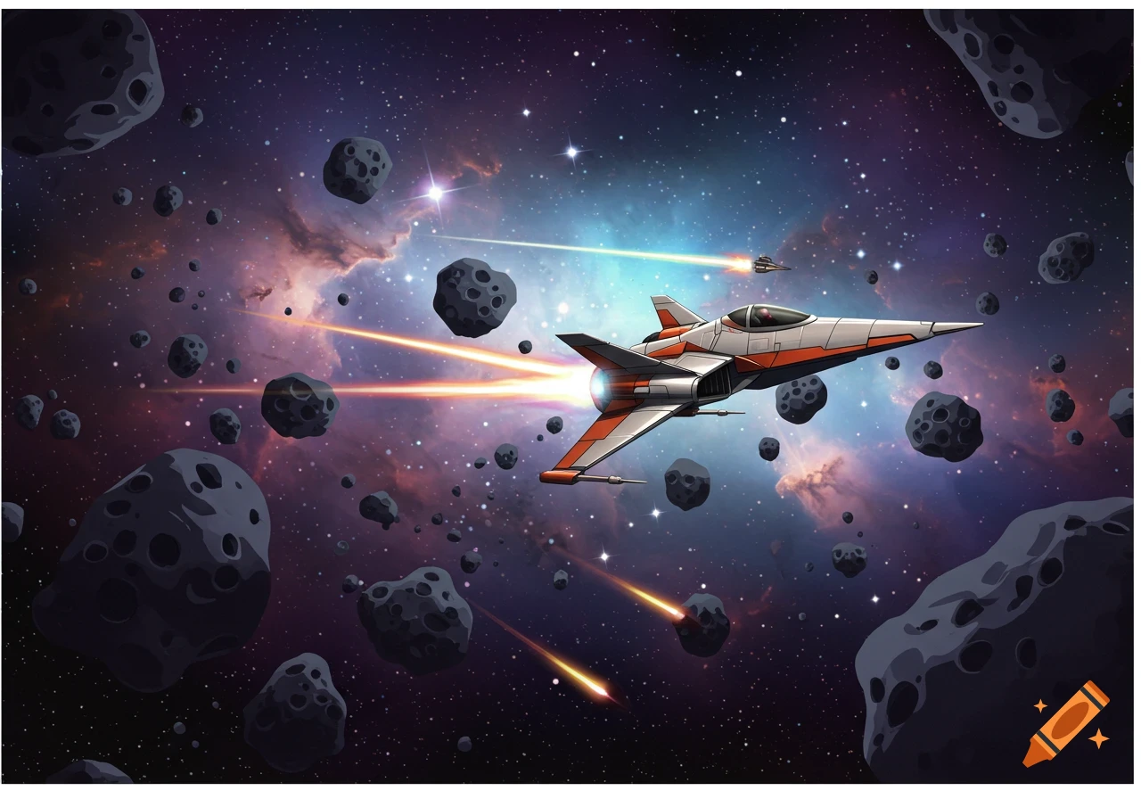 A stylized white and orange spaceship with glowing engines speeds through a dense asteroid field amidst a colorful nebula and stars.