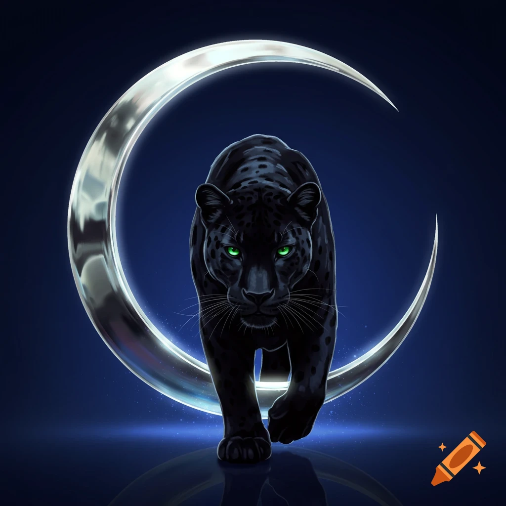 A black leopard with glowing green eyes steps forward through a shiny chrome crescent moon against a dark blue background.