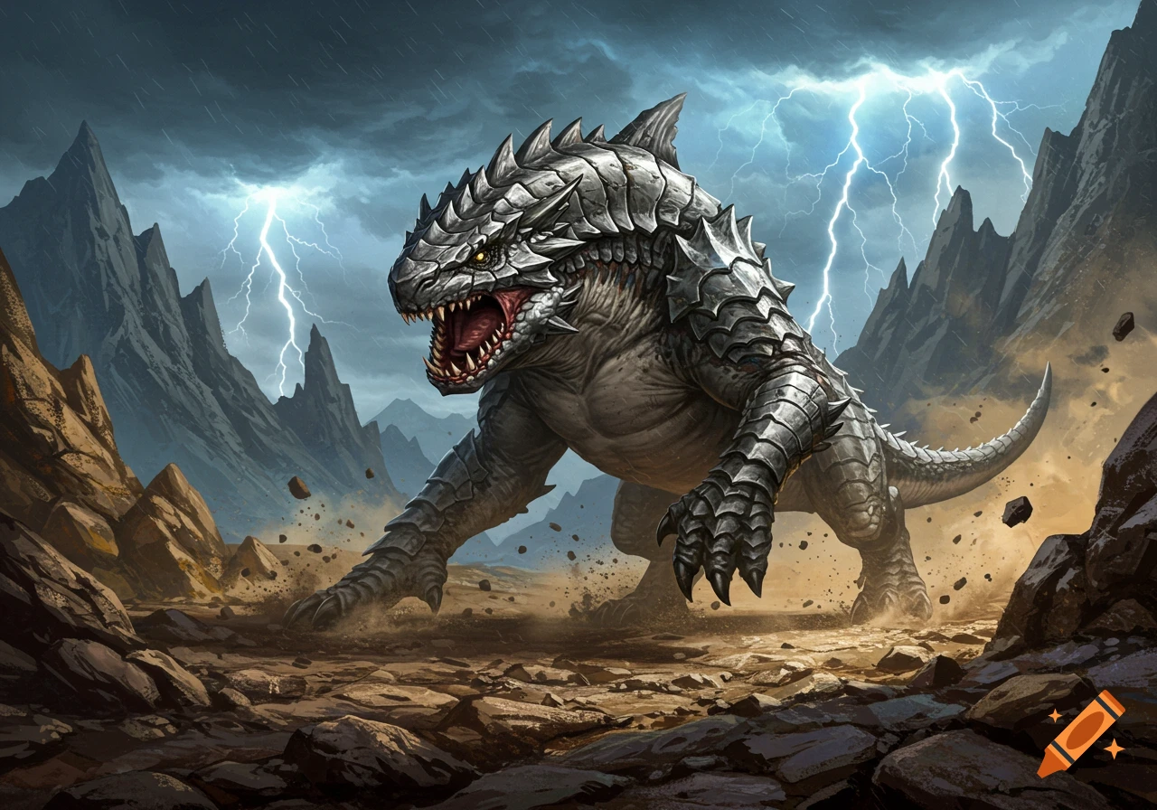 A powerful, armored reptilian monster with sharp teeth roars in a stormy, lightning-filled mountain landscape.