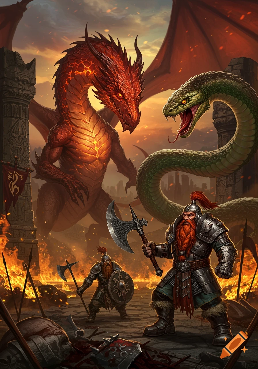 Epic fantasy art of a red dragon and a green snake looming over dwarven warriors on a fiery battlefield with fallen foes.