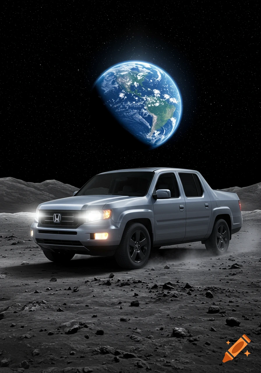 A photorealistic gray Honda Ridgeline truck on the moon's cratered surface with Earth in the dark starry sky above.