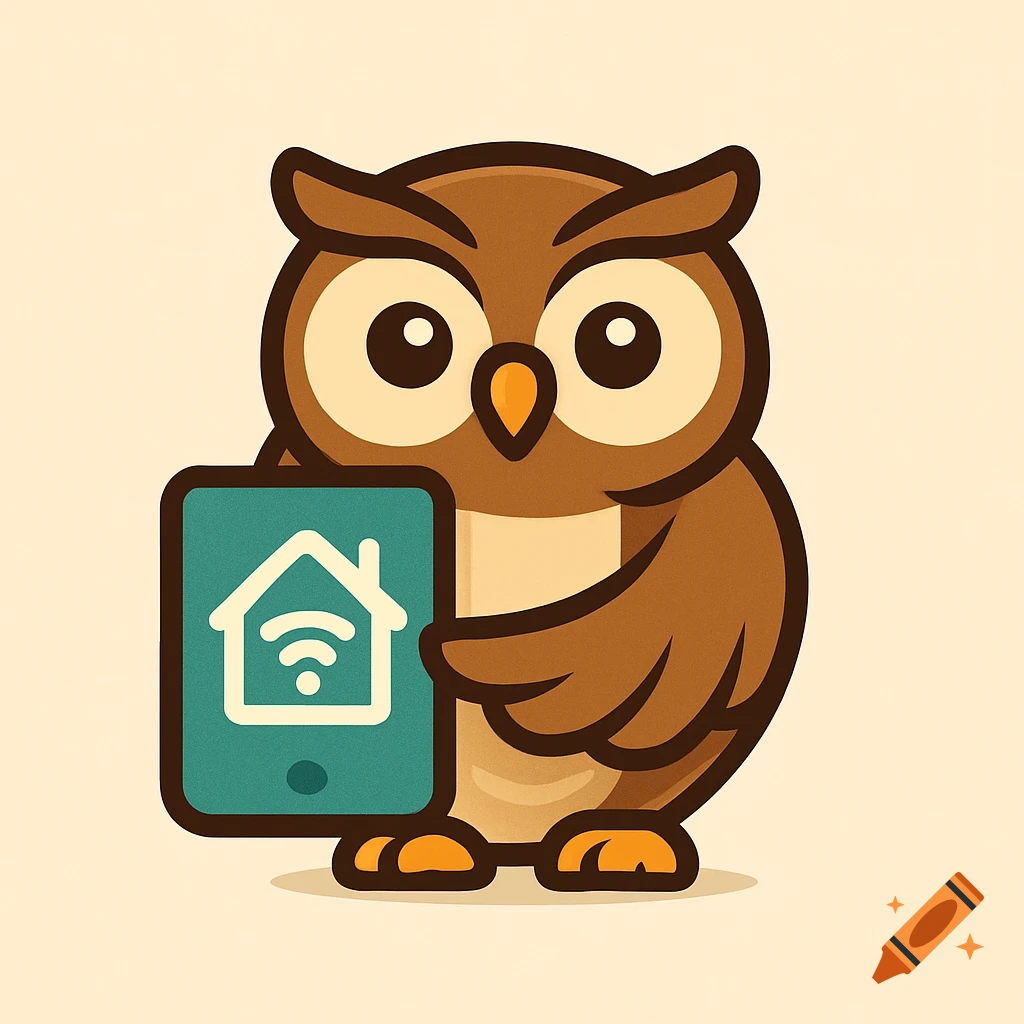 A friendly cartoon owl mascot, in flat design, holding a teal tablet with a white house and Wi-Fi signal icon.