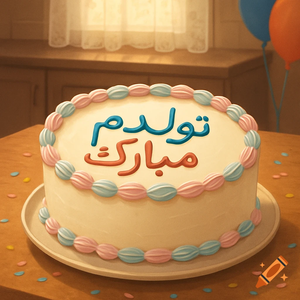 A decorated birthday cake with pink and blue frosting, 'Happy Birthday' text in blue and red, confetti, and balloons on a table.