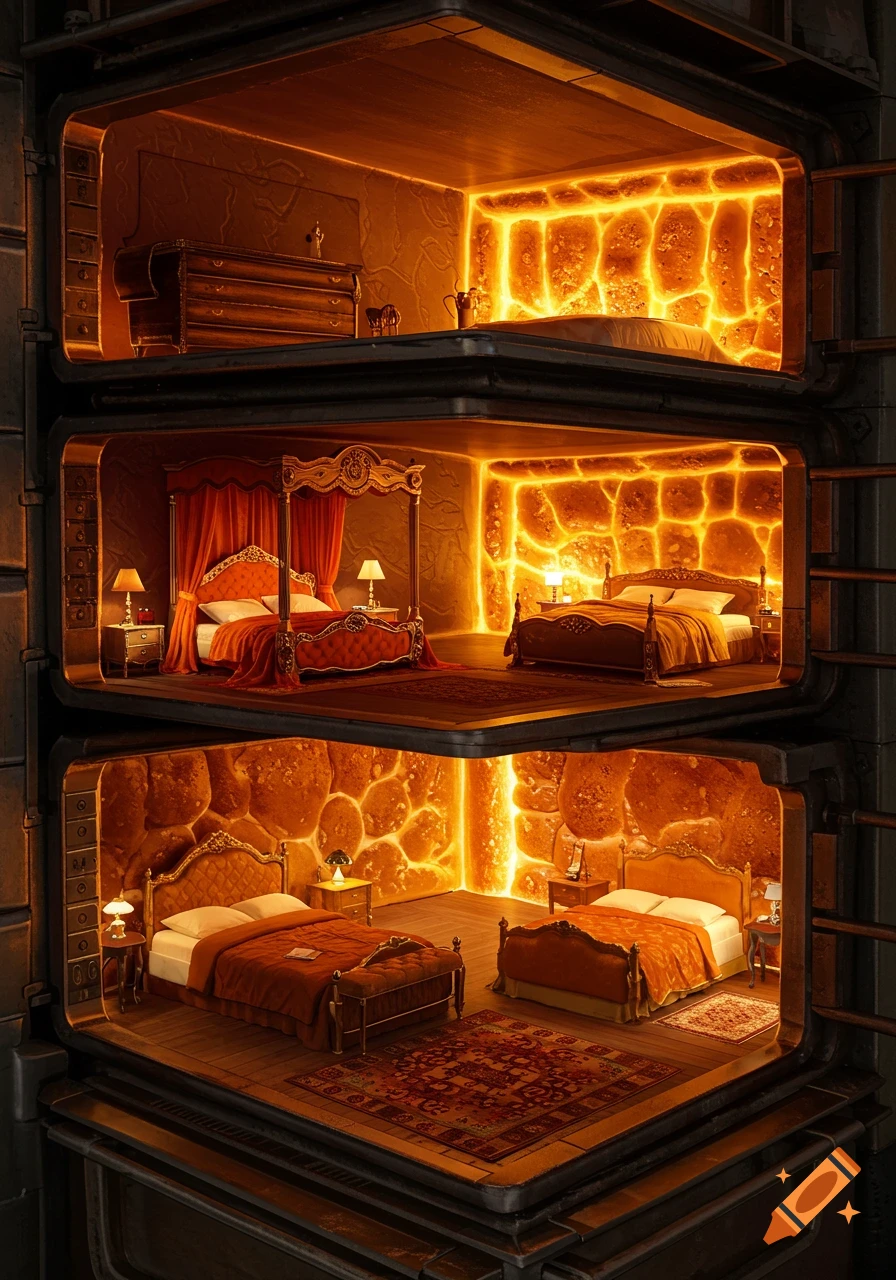 Three industrial-style cross-section bedrooms with ornate beds and glowing, molten rock walls.