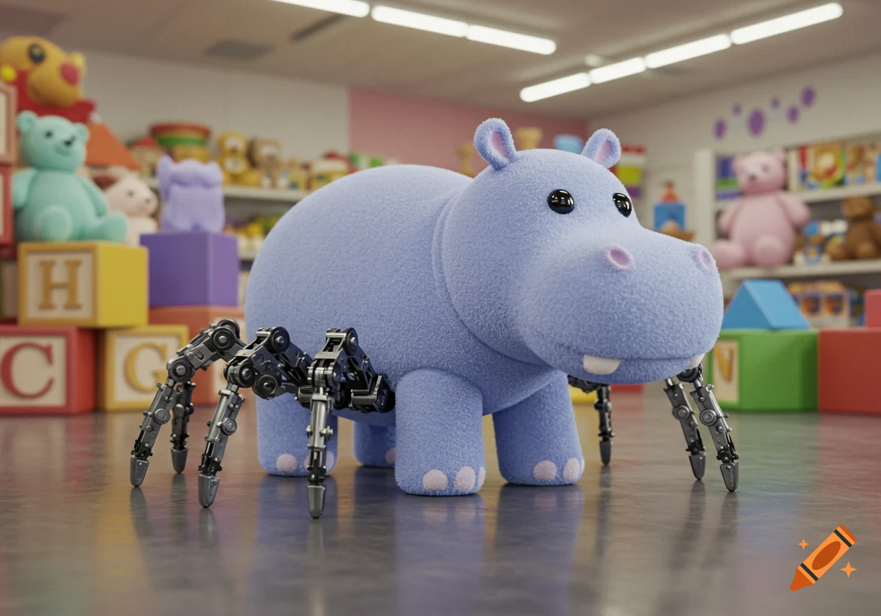 A light blue plush hippo with black robotic spider legs stands on a polished floor in a blurry toy store with blocks.