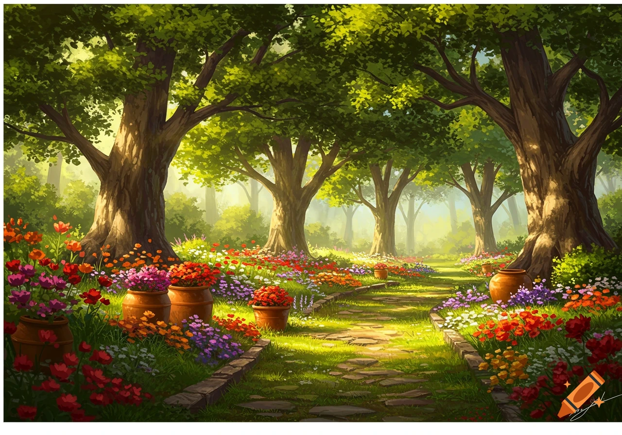 A vibrant, lush garden path winding through a forest with large trees and many colorful flowers in a painting style.