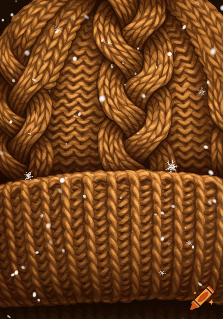 Close-up of a brown knitted fabric with cable knit and ribbed patterns, lightly covered in snowflakes.