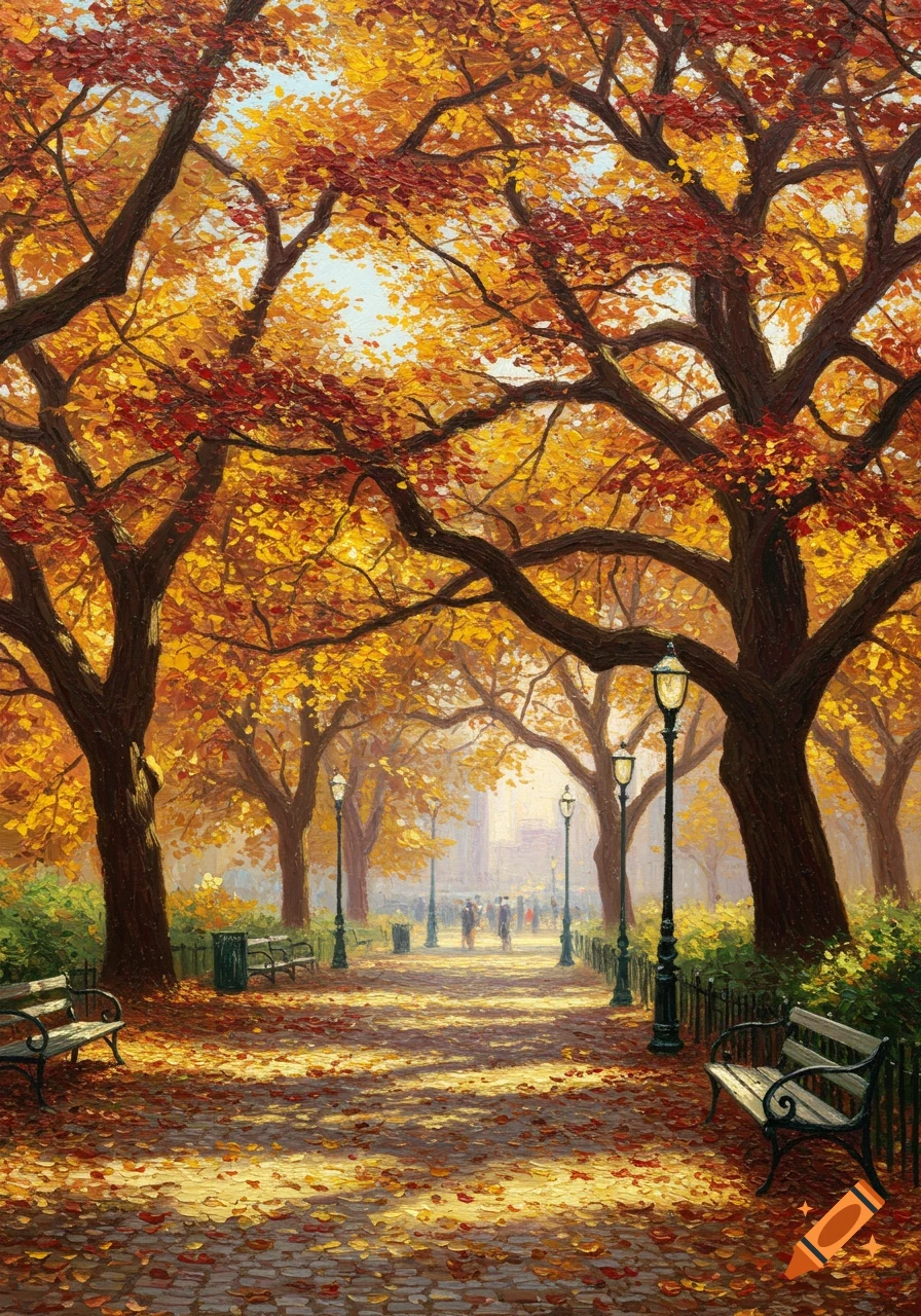 Impressionistic painting of a park path lined with vibrant orange and red autumn trees, with benches and people in the distance.