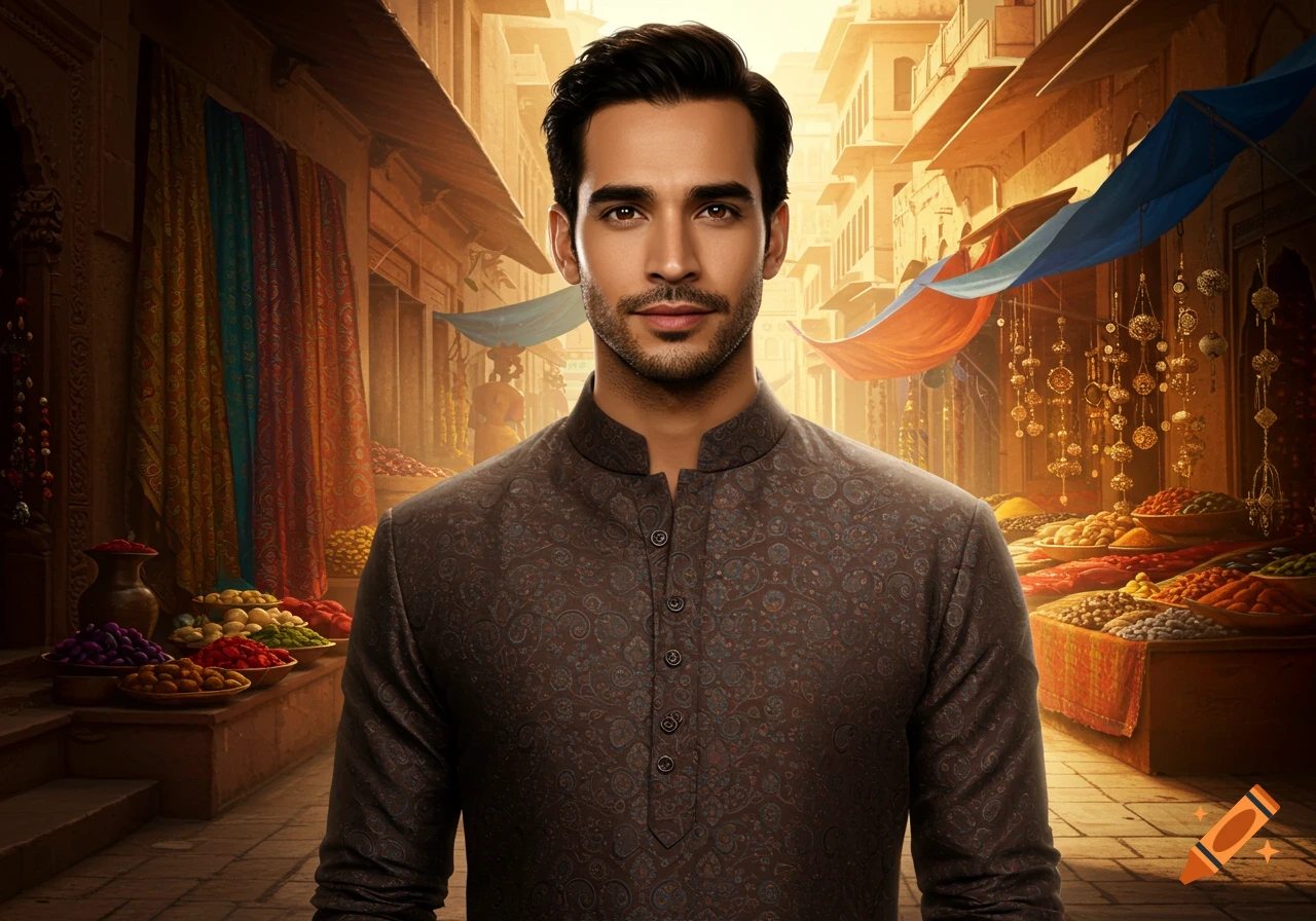 A photorealistic portrait of a man in traditional Indian attire in a vibrant market setting.