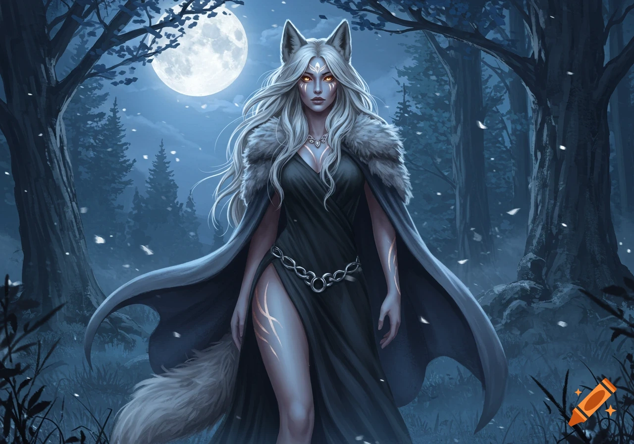 A powerful silver-haired half-wolf woman with glowing eyes and markings stands in a dark, snowy forest under a full moon, digital art.