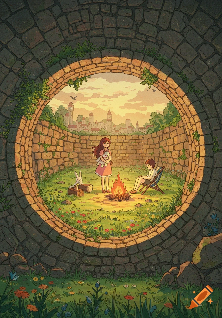 An anime-style illustration of a girl and boy by a campfire in a grassy clearing within a circular stone wall, with a city in the distance.