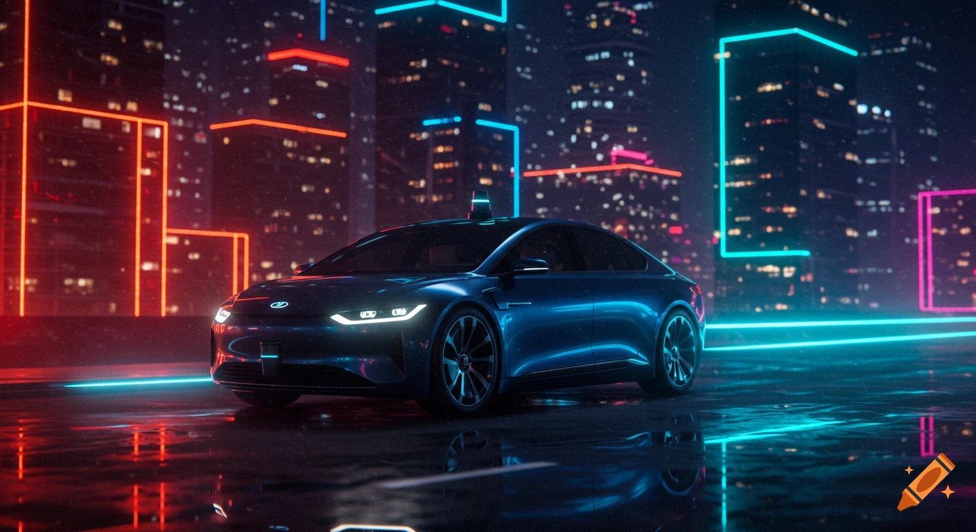 Sleek blue autonomous car on a wet cyberpunk city street at night with neon lights and reflections.