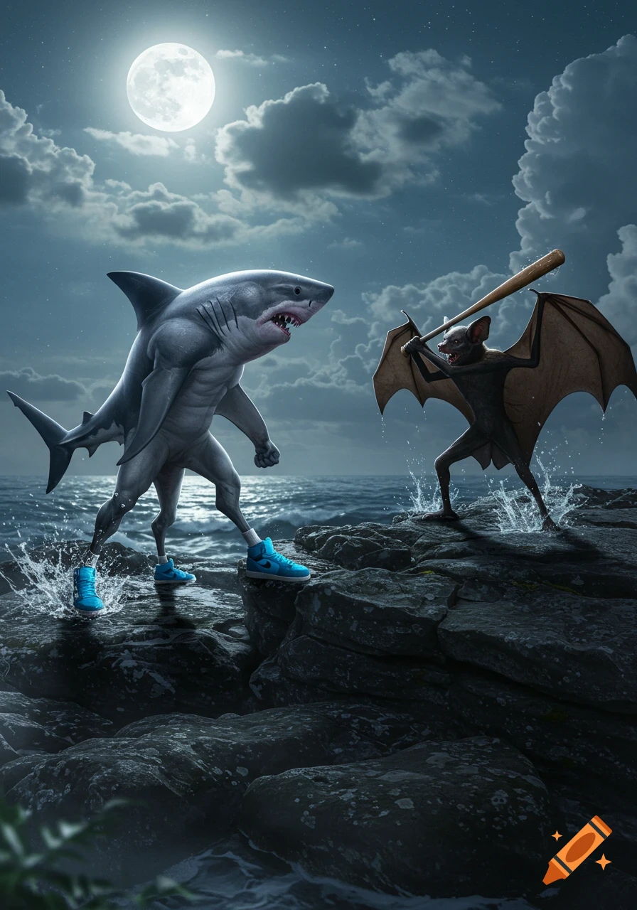 A muscular, bipedal shark in blue sneakers faces off against a bat holding a baseball bat on a rocky shore at night under a full moon.