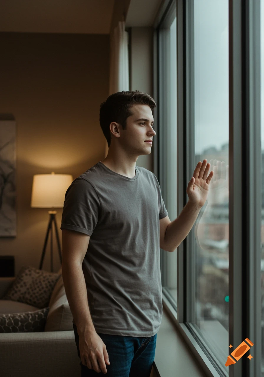 A young man with dark hair, wearing a gray t-shirt and jeans, stands looking thoughtfully out a large window in an urban apartment, with one hand resting on the glass.