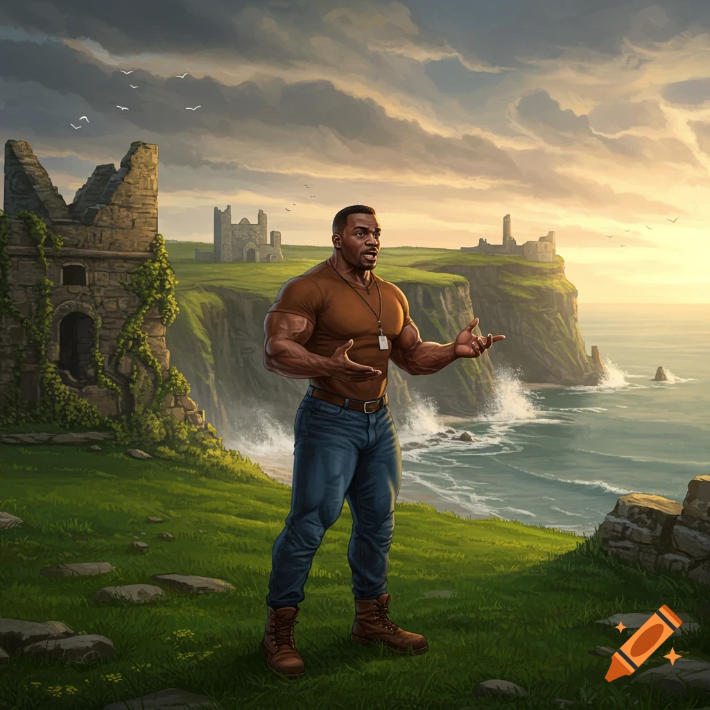 A muscular man in a brown t-shirt and jeans stands on a grassy cliff overlooking a stormy sea with ancient castle ruins under a dramatic sky, rendered in a digital painting style.
