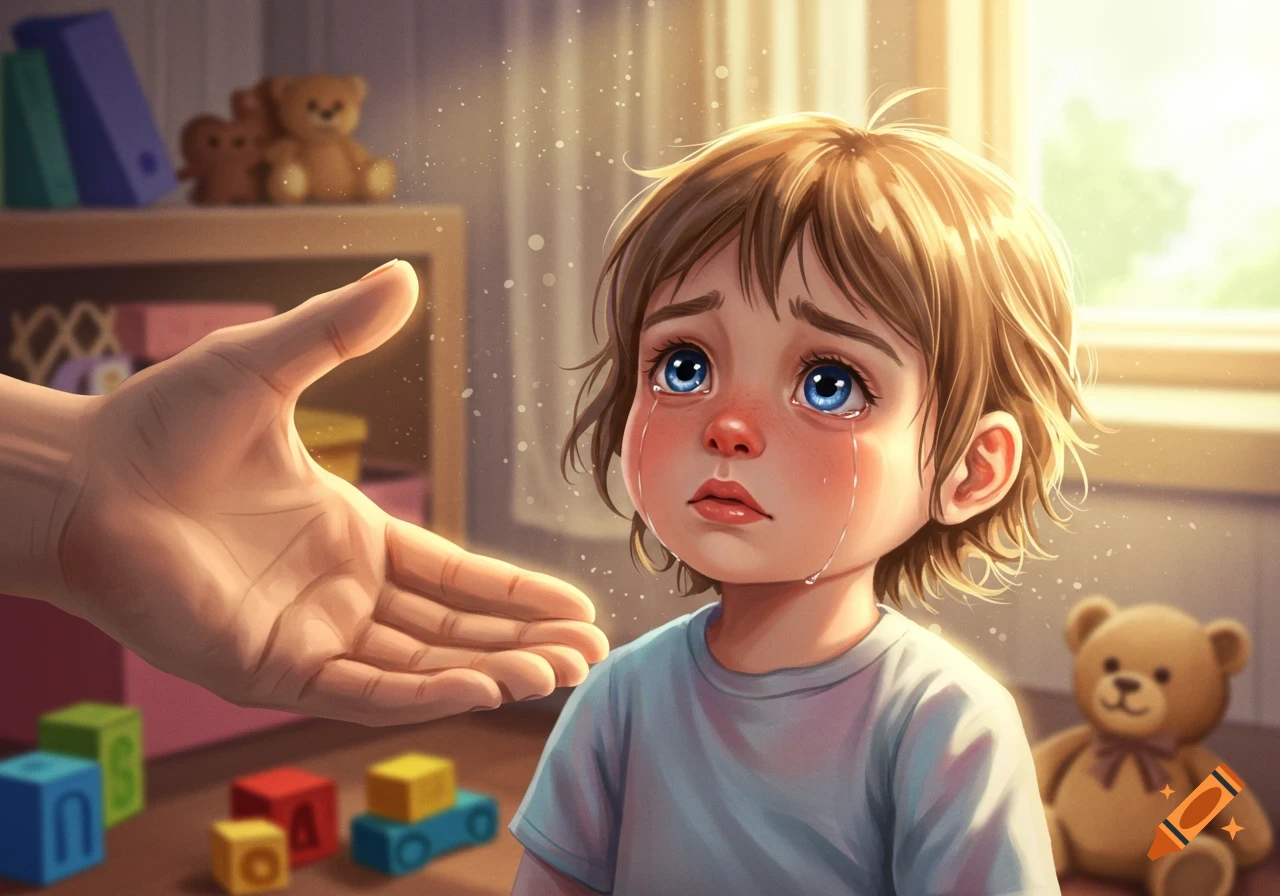 Stylized illustration of a crying child with big blue eyes, as a large hand reaches out in a softly lit room with toys.