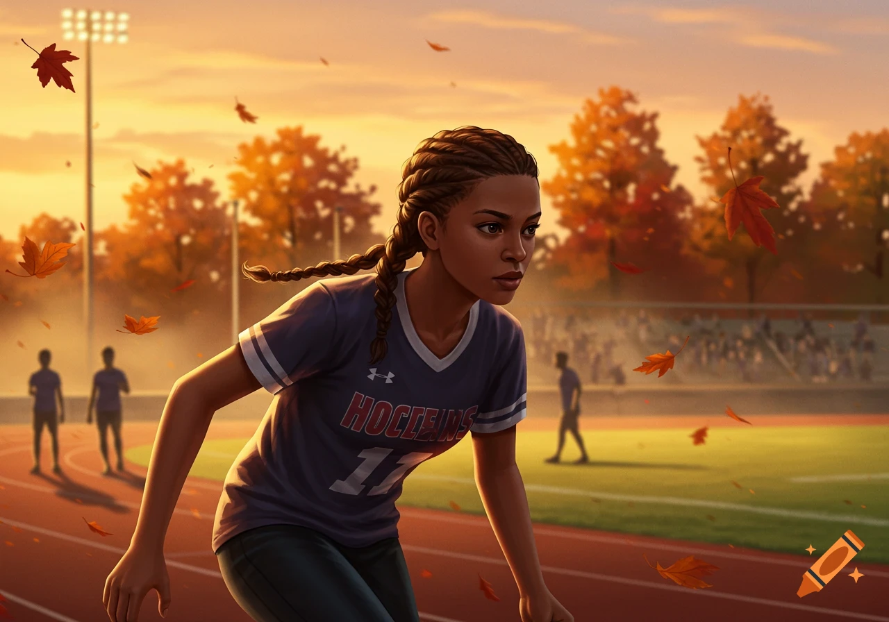 Young woman track runner with braids, in a stadium at sunset with falling autumn leaves, digital illustration.