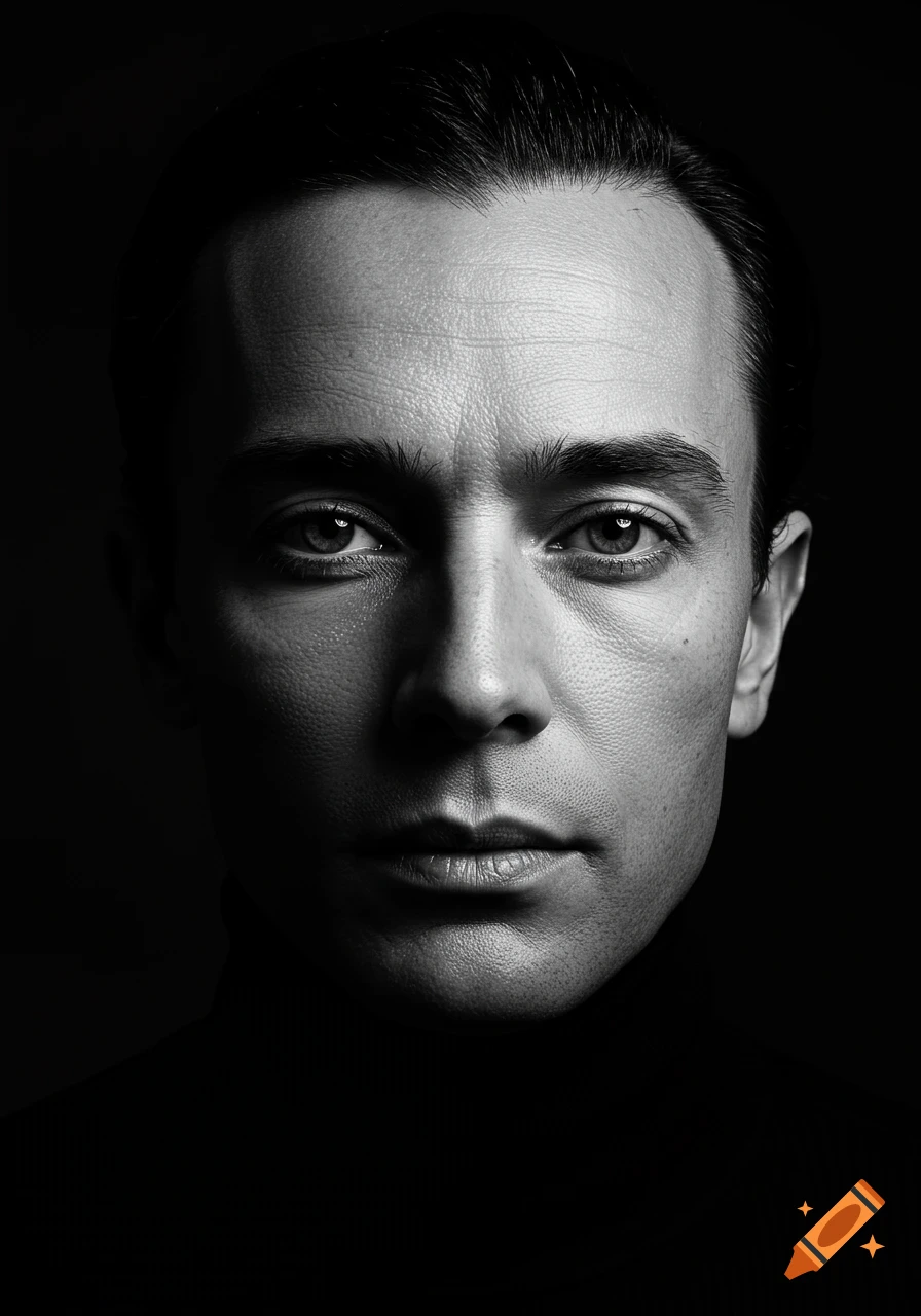 Close-up black and white portrait of a man with dramatic lighting, sharp eyes, and a neutral expression against a dark background.