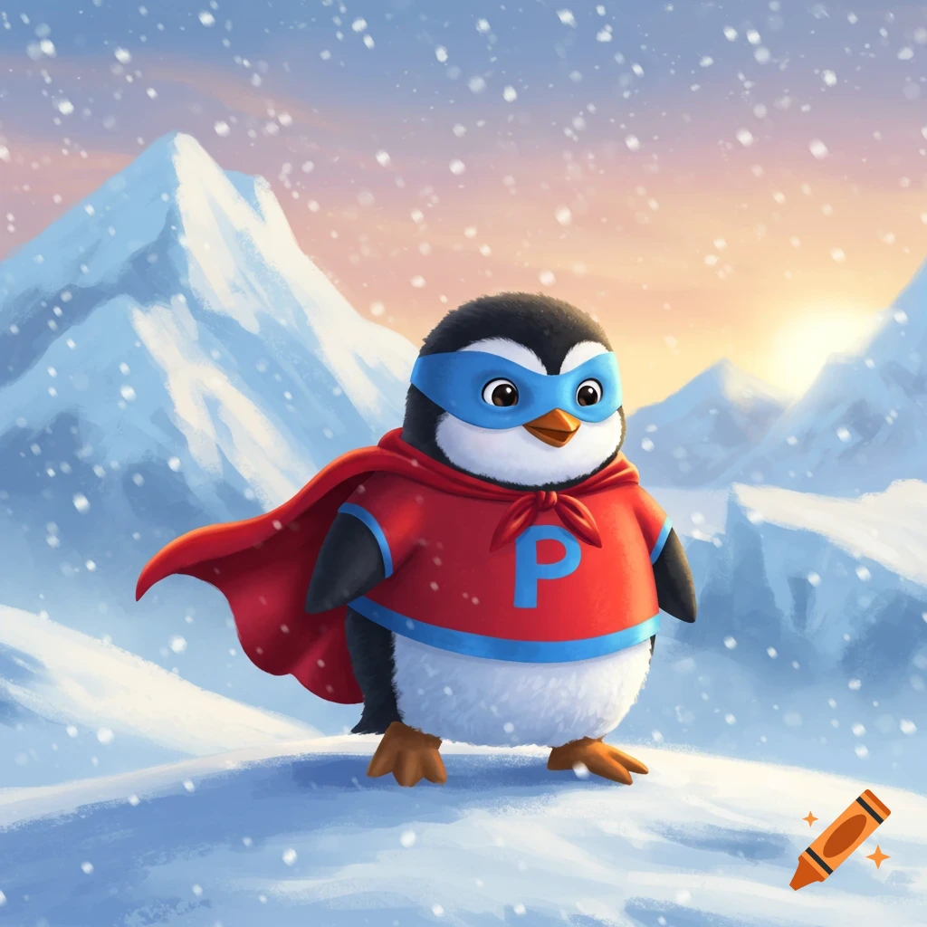 A cute cartoon penguin superhero in a red costume and blue mask stands in a snowy mountain landscape at sunrise.