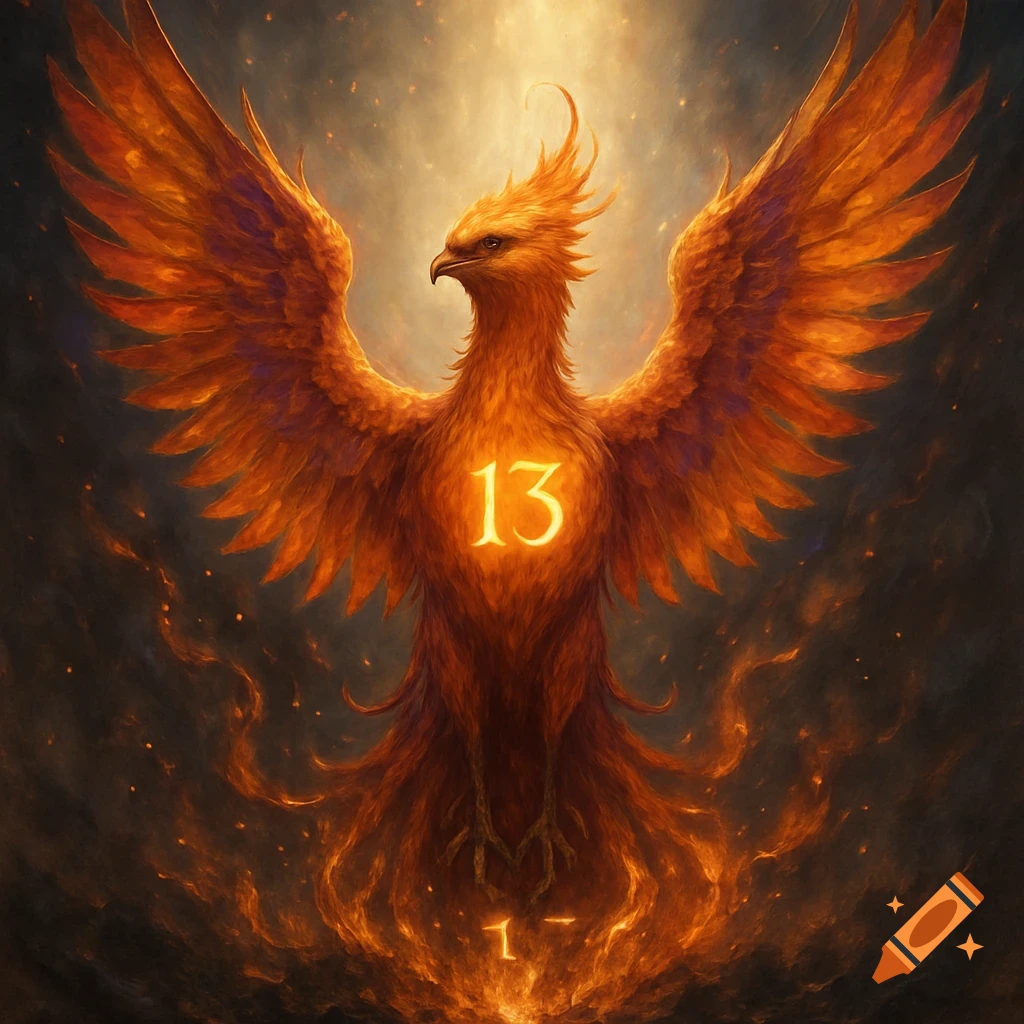 A majestic fiery phoenix rises from dark ashes, with the number 13 glowing on its chest, its wings spread wide.