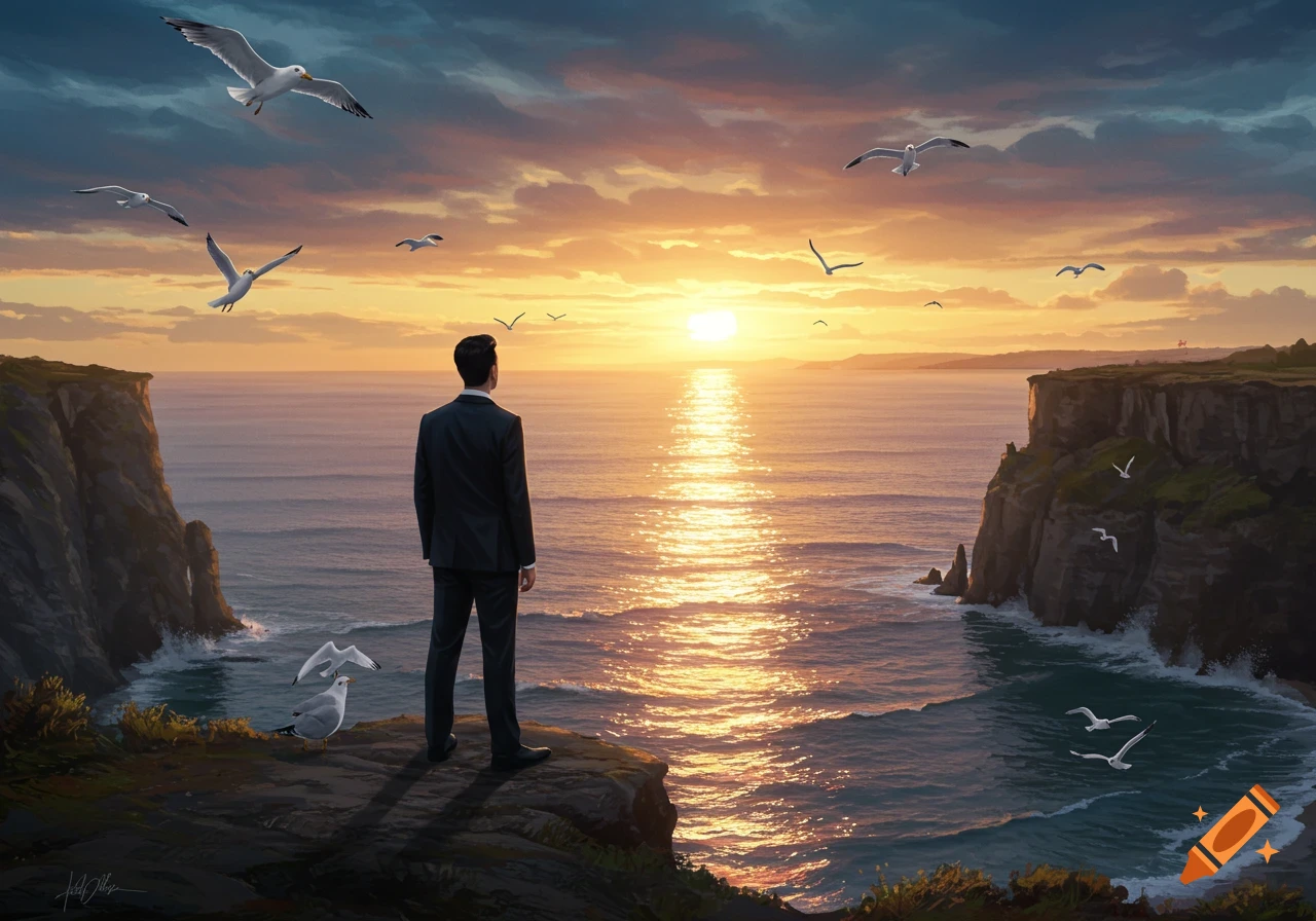 A man in a suit stands on a cliff overlooking a vast ocean at sunset, with gulls flying in the vibrant sky.