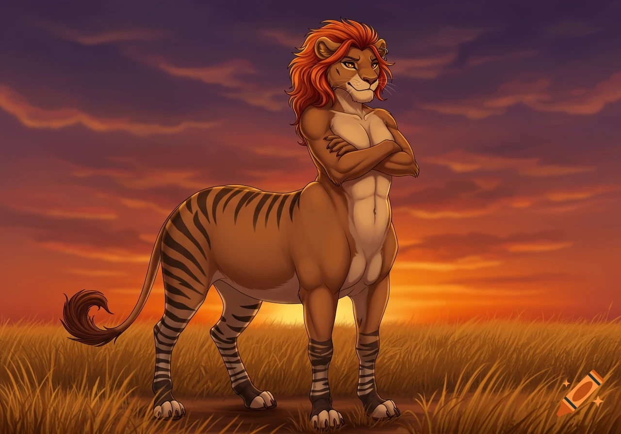 An anthropomorphic lion centaur with zebra legs stands in a savanna at sunset, arms crossed, smirking.