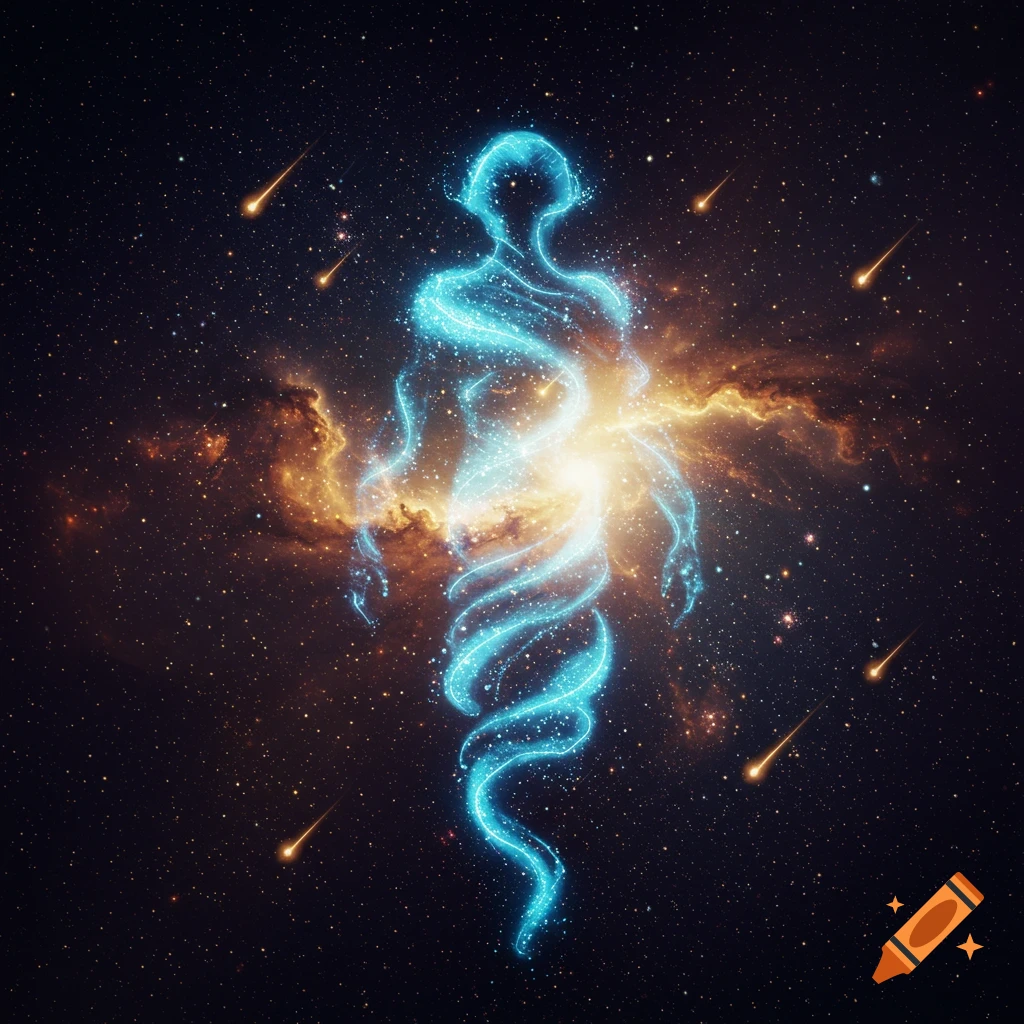 Glowing blue energy figure in a star-filled galaxy with orange nebulae and meteors.