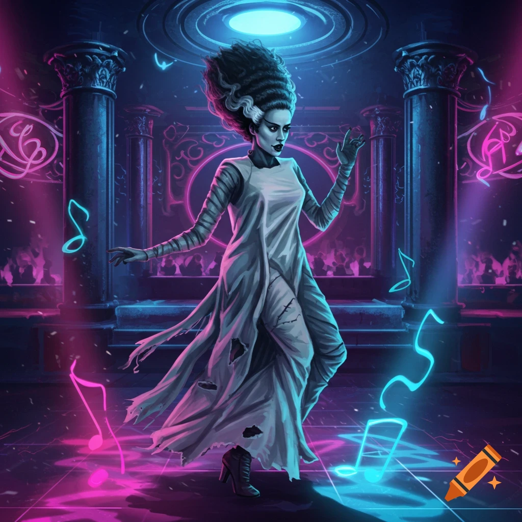 Bride of Frankenstein dances in a vibrant, neon-lit club, surrounded by floating musical notes.
